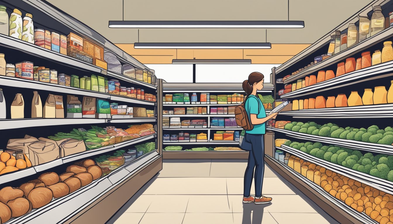 A person standing in a grocery store aisle, surrounded by shelves of discounted food items, with a notebook and pen in hand, carefully planning their meals for the week