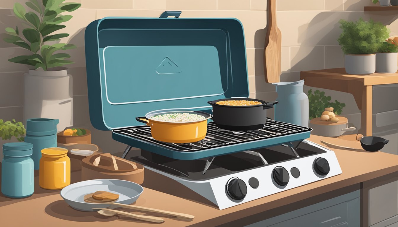 A compact portable stove set up on a stable surface with cooking utensils and ingredients neatly organized nearby. A car is parked in the background