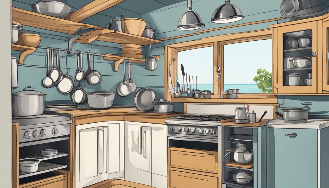 A small boat kitchen with pots, pans, and utensils neatly organized. A stove and sink are secured for cooking and cleaning while at sea