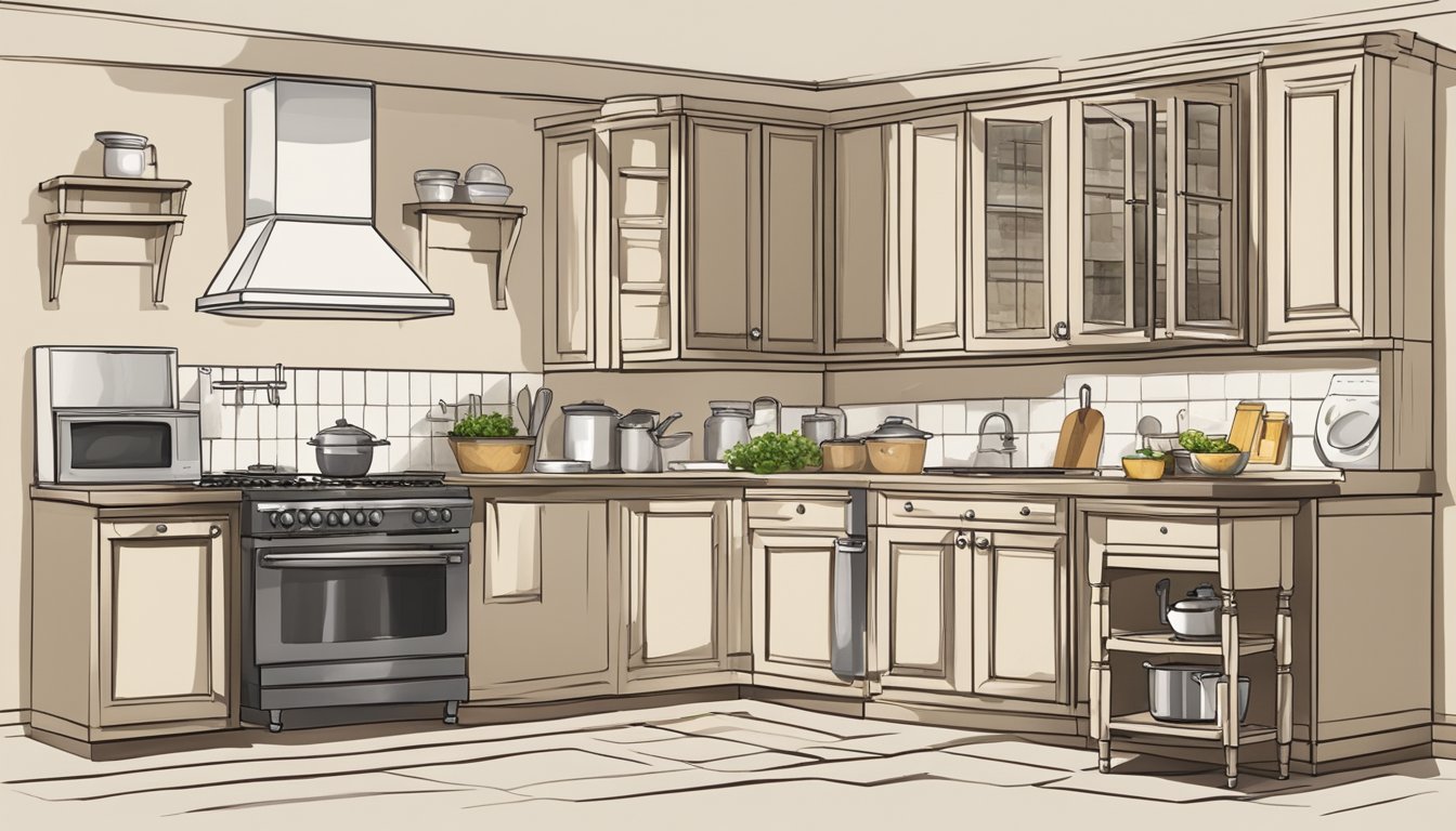 A simple kitchen with a pot on the stove, a few basic ingredients on the counter, and a small table set for one person