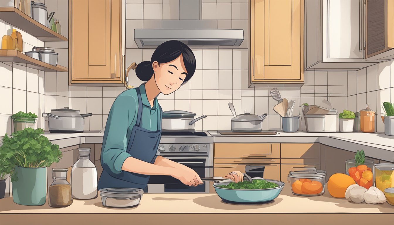 A person cooking a simple meal in a small kitchen with basic ingredients