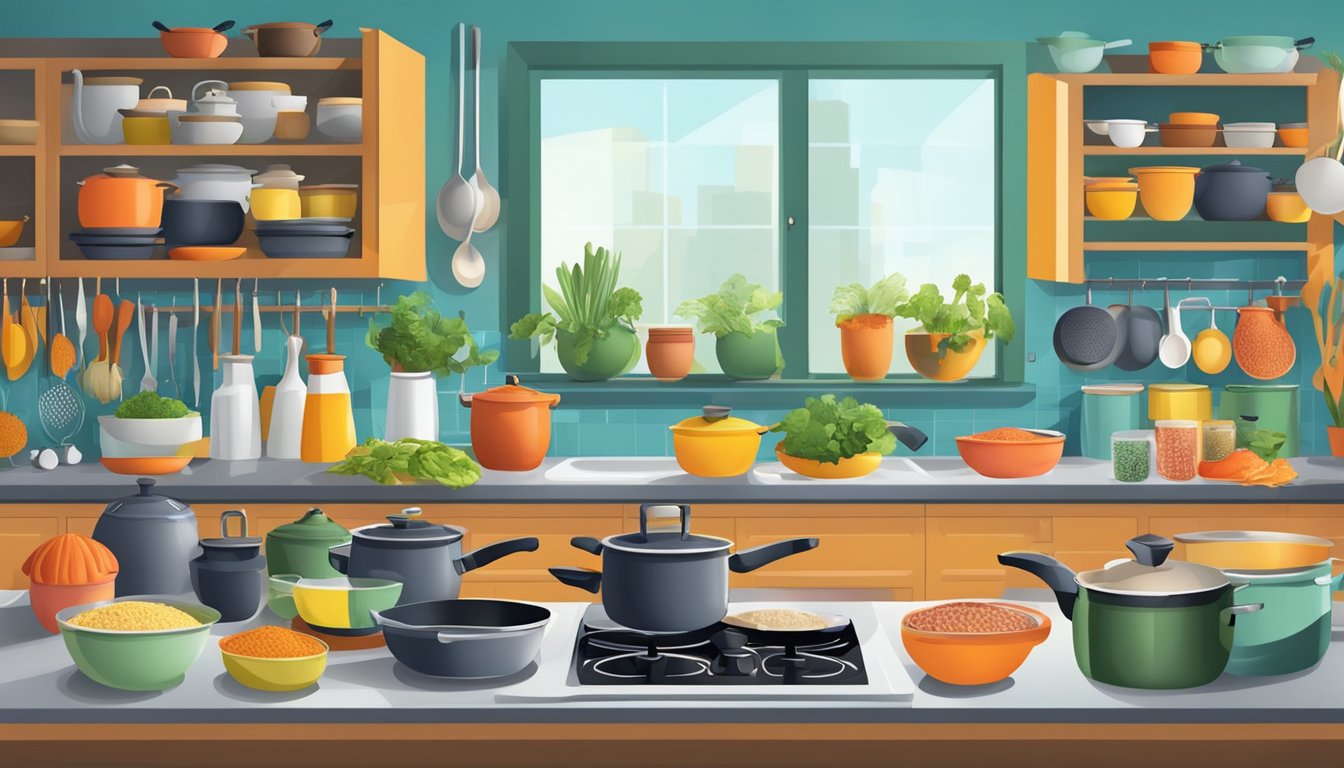 A crowded kitchen counter with various pots, pans, and ingredients from different cultures, all arranged in a colorful and inviting display