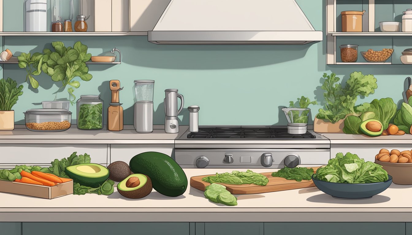 A kitchen counter with a variety of keto-friendly ingredients such as avocados, leafy greens, lean meats, nuts, and low-carb vegetables