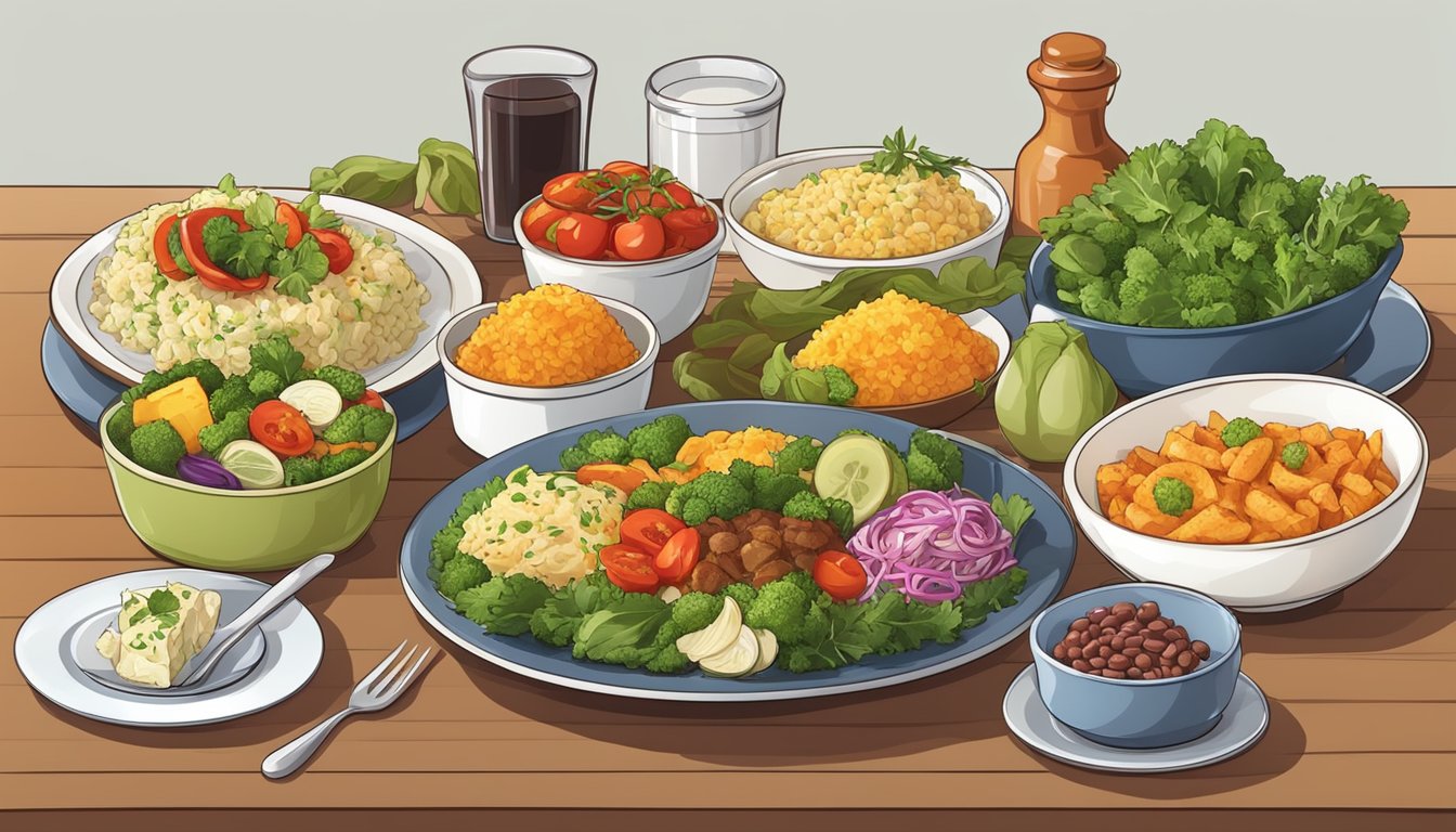 A single plate with a variety of colorful and appetizing side dishes arranged neatly around a main entree