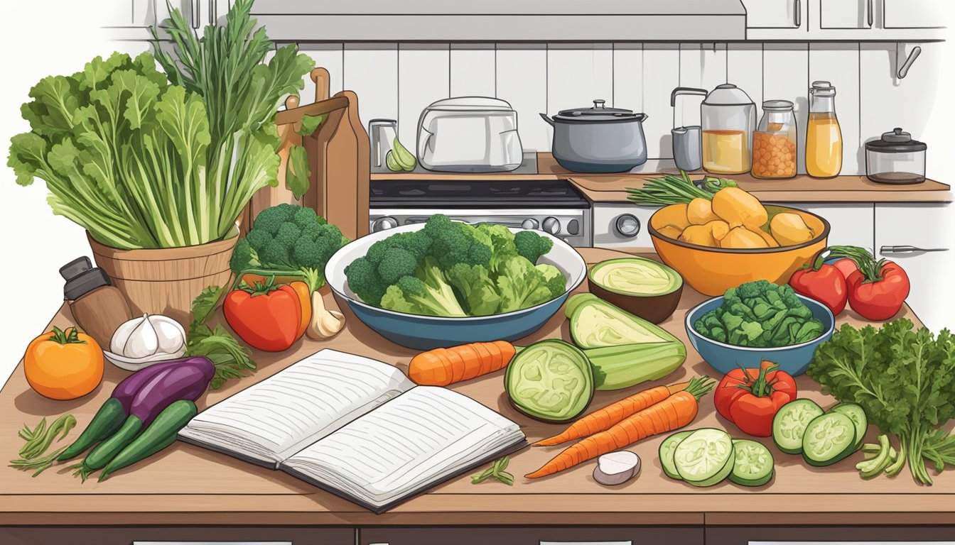 A kitchen counter with various fresh vegetables, lean meats, and healthy fats, alongside a cookbook open to a keto recipe