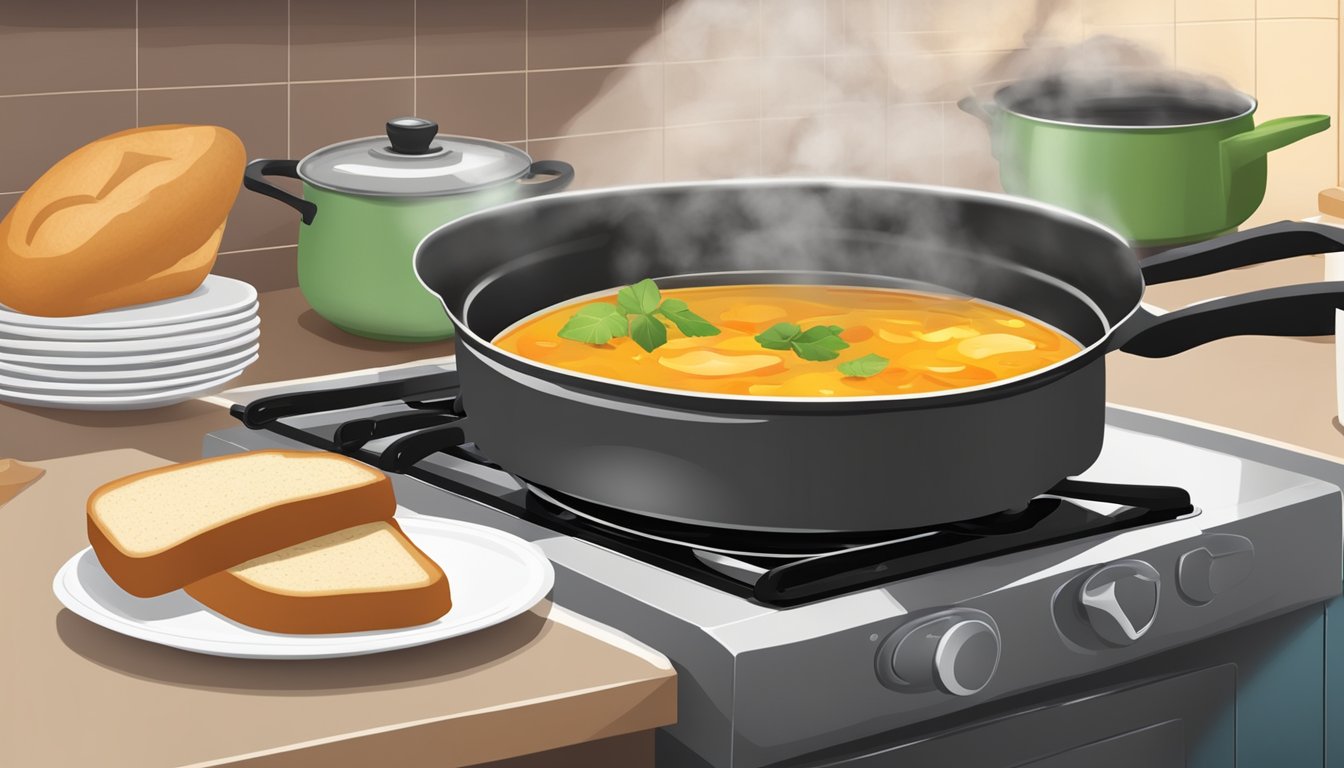 A cozy kitchen with a single pot simmering on the stove, a steaming bowl of soup, and a warm slice of bread on a plate