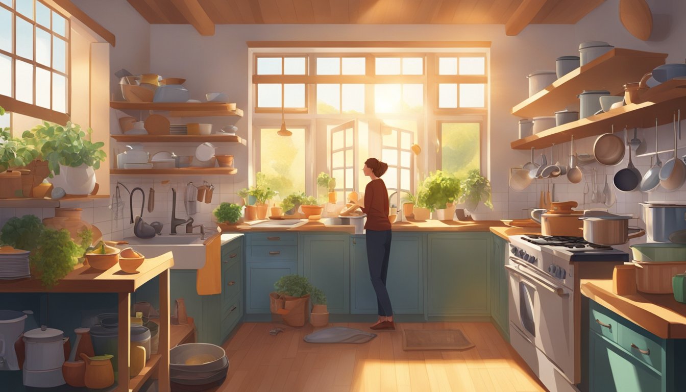 A person stands in a cluttered kitchen, surrounded by pots, pans, and ingredients. The sunlight streams in through the window, casting a warm glow over the scene