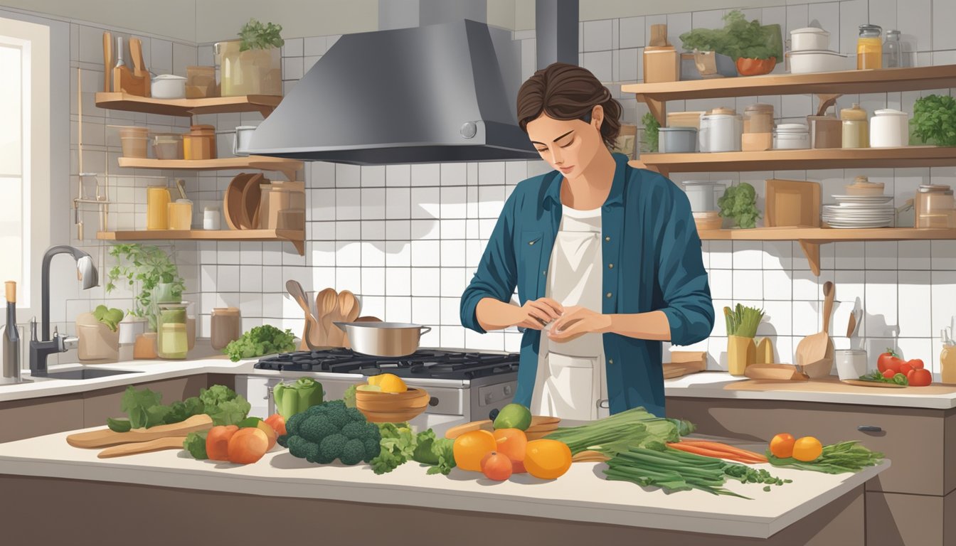 A person standing in a kitchen, surrounded by ingredients and utensils, with a look of contemplation while preparing a meal