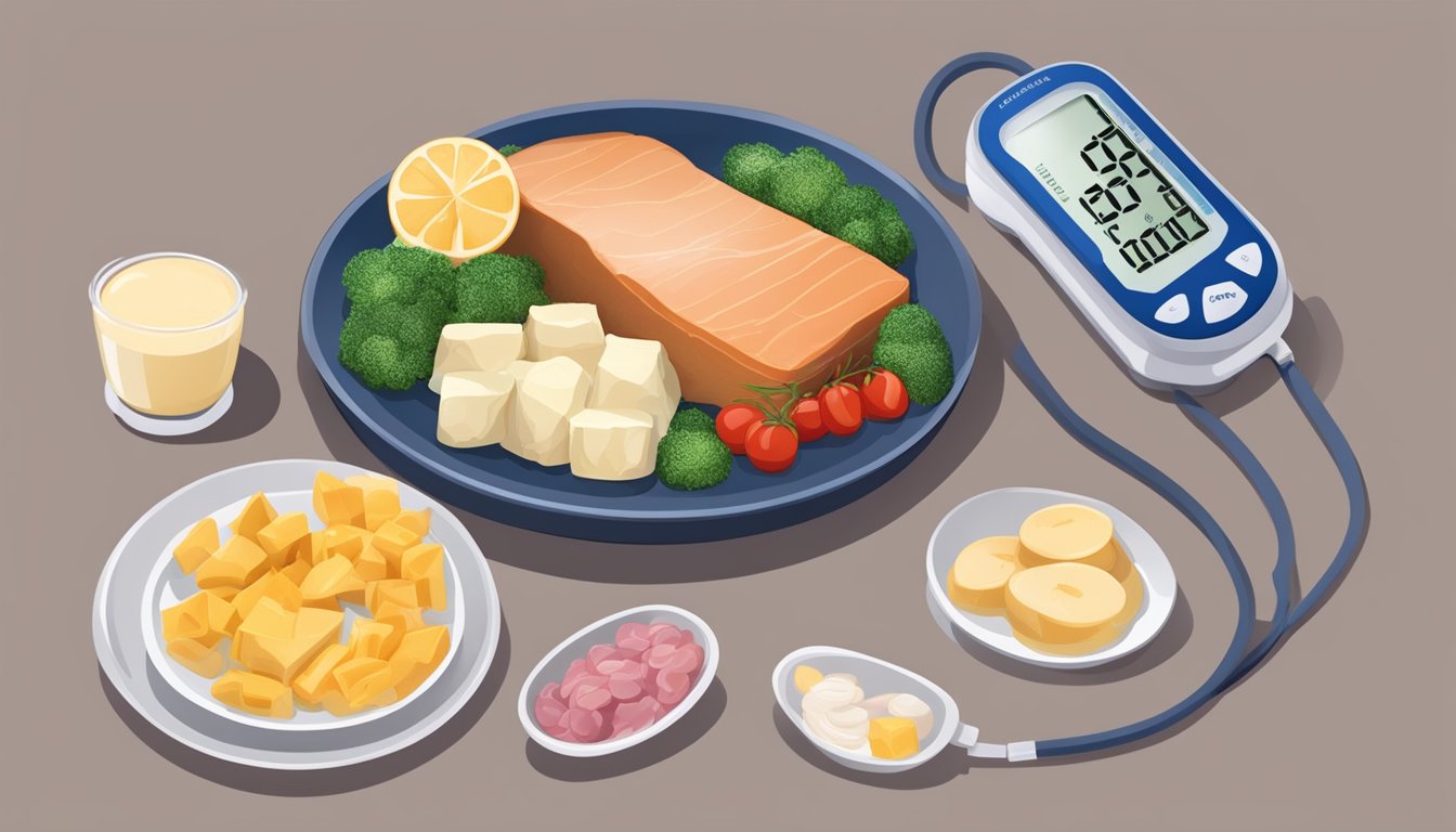 A plate divided into sections with balanced portions of protein, carbohydrates, and fat. A blood pressure monitor next to it