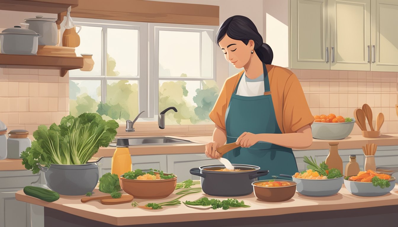 A person stirring a pot of soup with a thoughtful expression, surrounded by fresh ingredients and a calming, organized kitchen