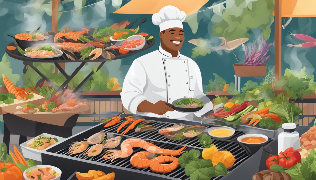 A chef grilling an assortment of seafood on a barbecue, surrounded by colorful vegetables and herbs, with a variety of protein-rich options on display