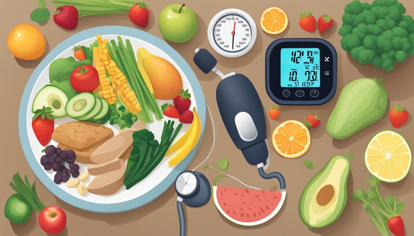 A plate with balanced portions of protein, carbs, and fats, surrounded by fruits and vegetables. A blood pressure monitor reads normal levels nearby