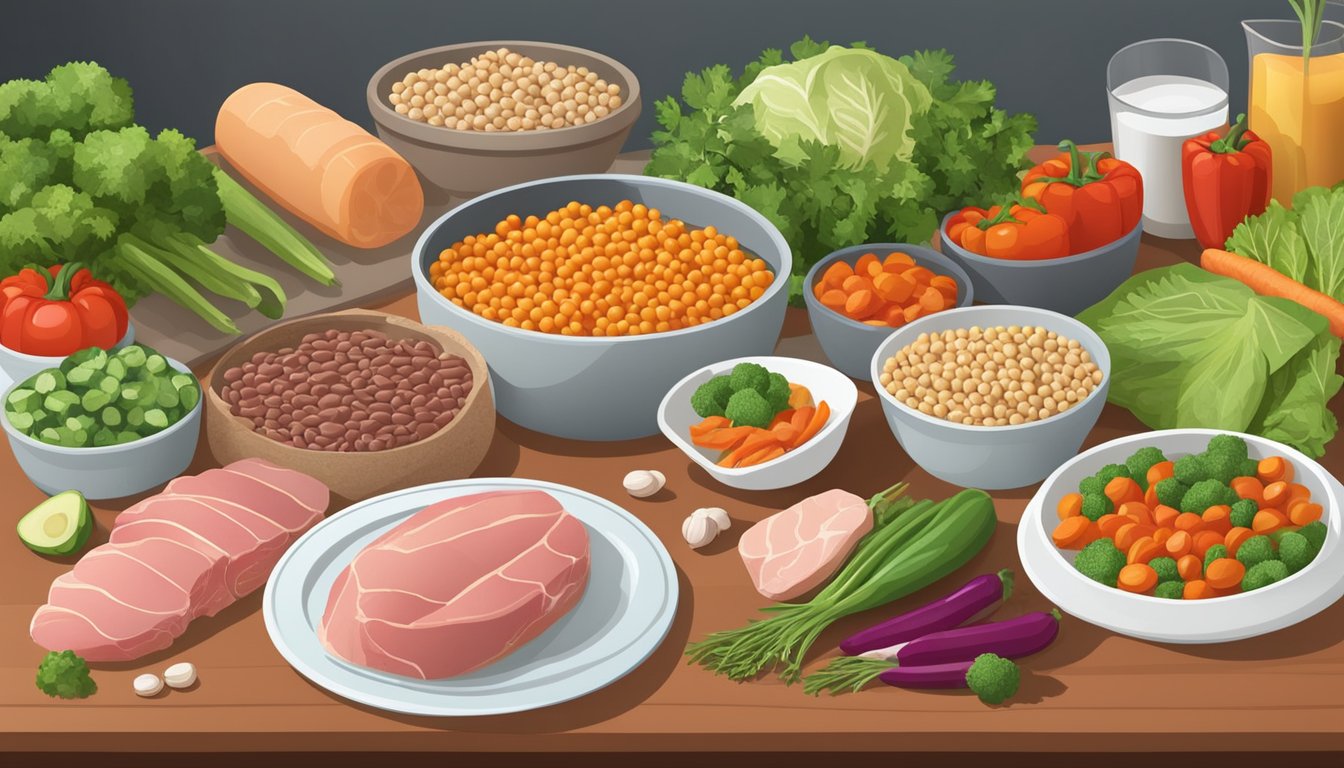 A kitchen counter with a variety of fresh vegetables, lean meats, and legumes laid out for meal preparation on a high-protein diet