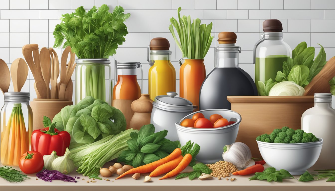 A variety of fresh ingredients arranged on a clean, organized kitchen counter, including colorful vegetables, herbs, spices, and cooking utensils