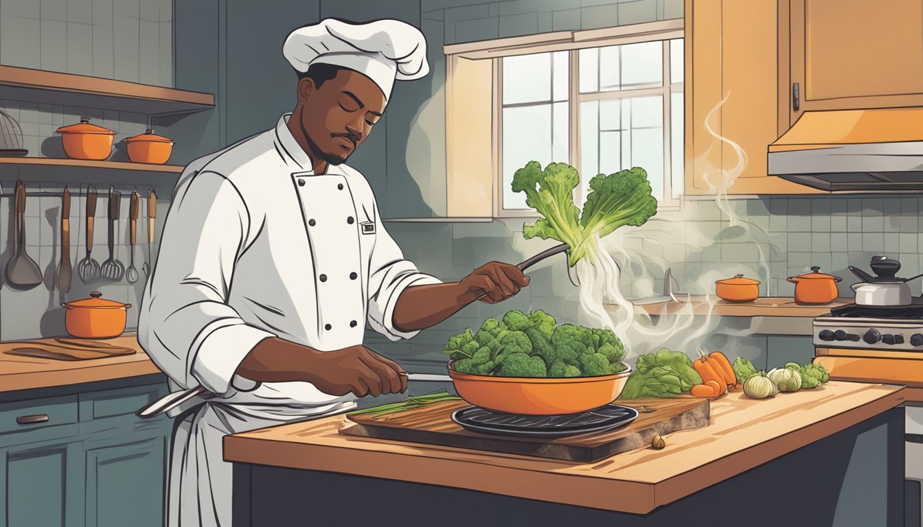 A chef expertly chops vegetables while a pot simmers on the stove, emitting aromatic steam. A cookbook lies open on the counter, showcasing various culinary techniques