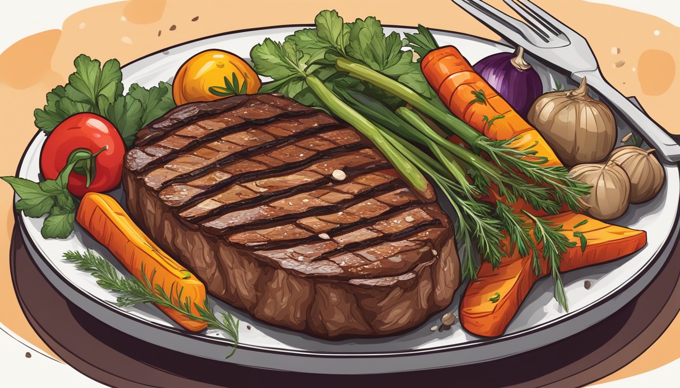 A sizzling steak on a grill, surrounded by colorful roasted vegetables and garnished with fresh herbs