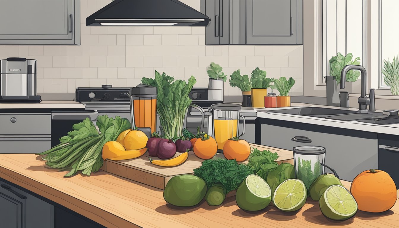 A kitchen counter with a variety of fresh fruits, vegetables, and herbs neatly arranged next to a cutting board and knife. A blender and juicer sit nearby, ready for use