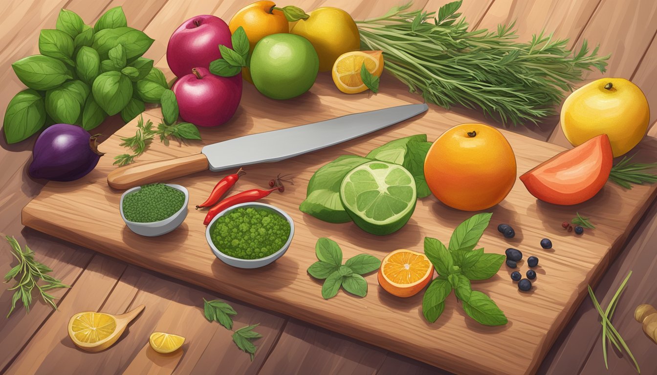 A beautifully arranged spread of fresh herbs, colorful spices, and vibrant fruits laid out on a wooden cutting board next to a set of high-quality cooking utensils