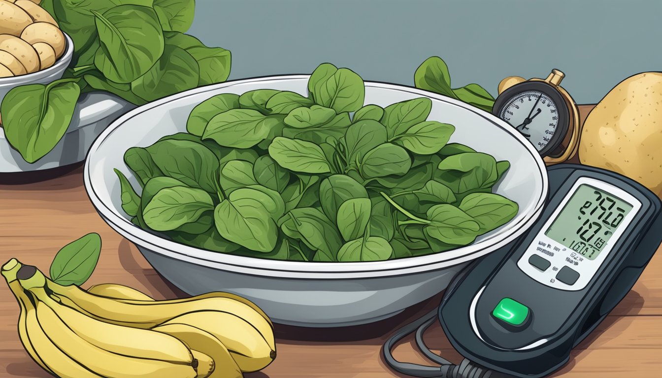 A bowl of fresh spinach leaves surrounded by whole potatoes and bananas, with a blood pressure monitor in the background