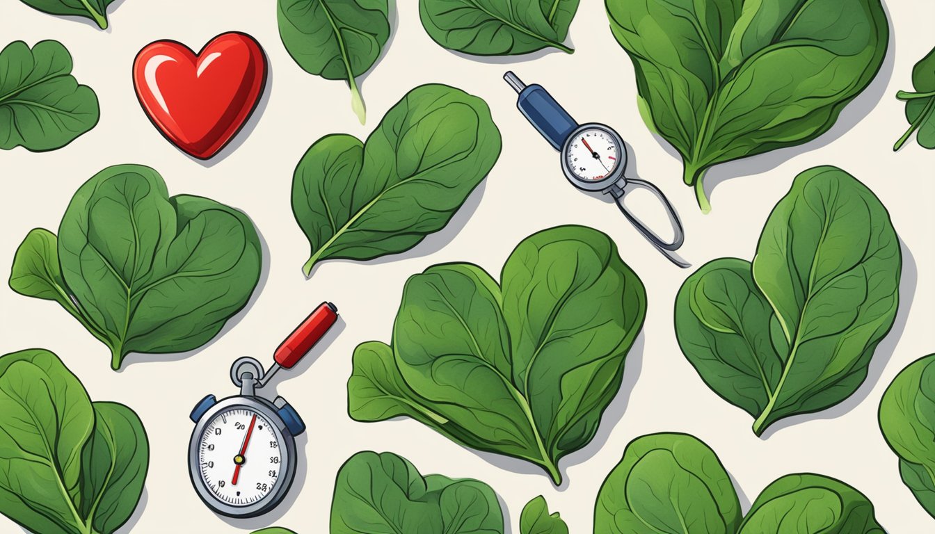 A lush green spinach plant surrounded by vibrant red heart-shaped leaves, with a blood pressure gauge resting nearby