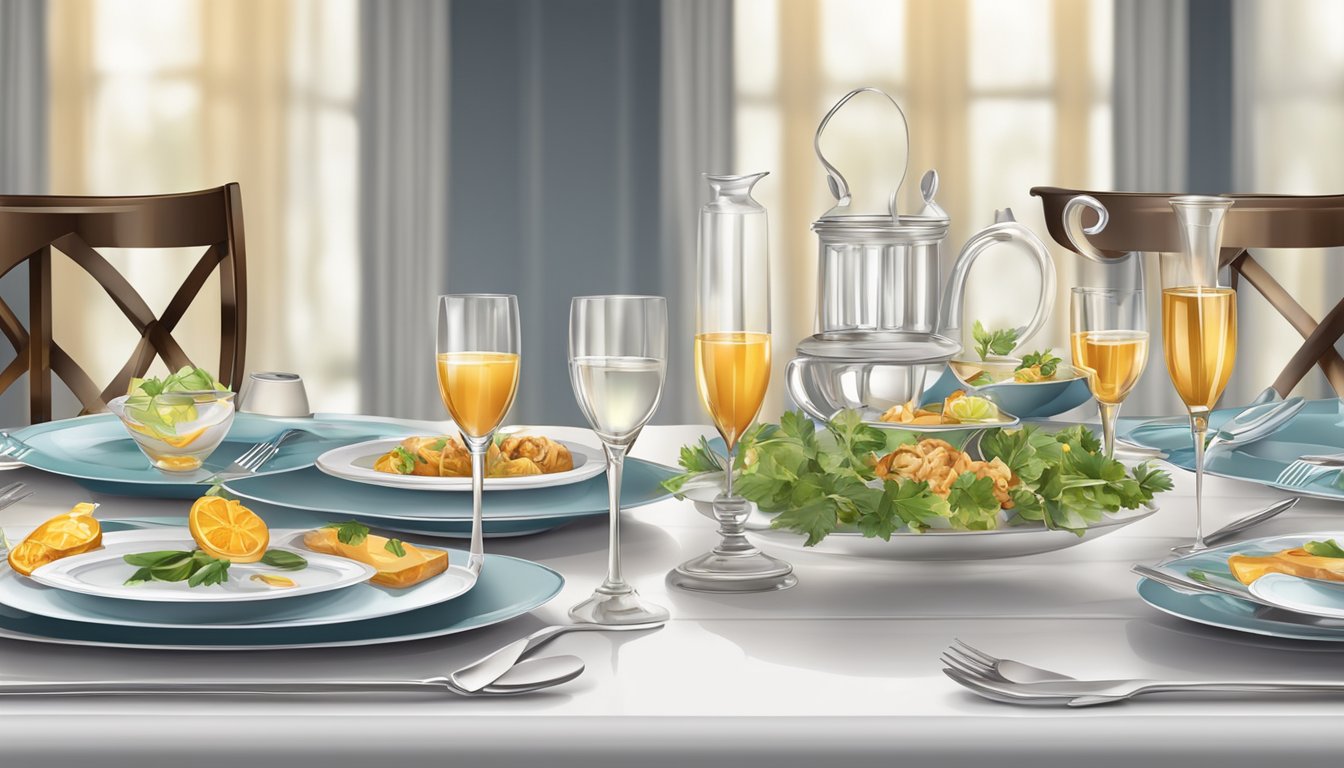 A beautifully set dining table with an elaborate meal and elegant tableware