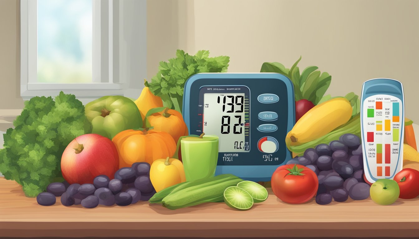 A table filled with colorful, nutrient-dense fruits and vegetables, a measuring cup, and a blood pressure monitor on the side