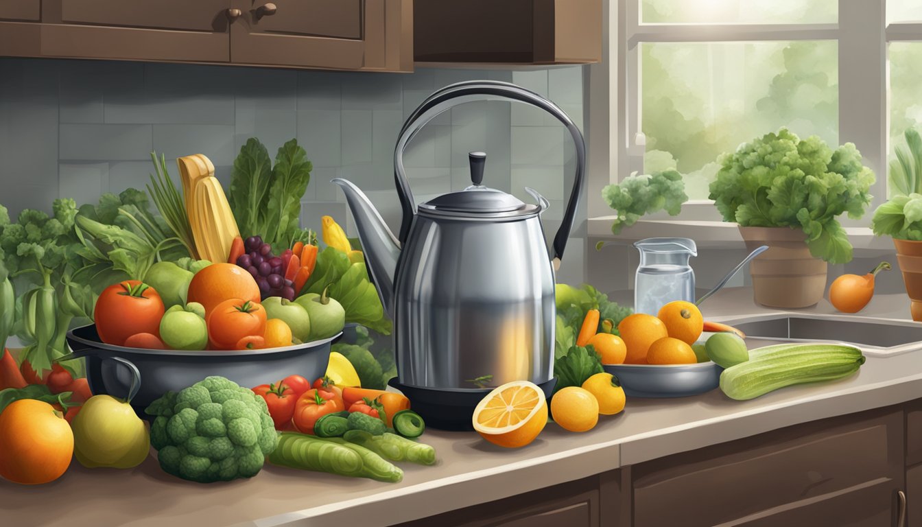 A pitcher of water surrounded by fresh fruits and vegetables, with a pot steaming on the stove