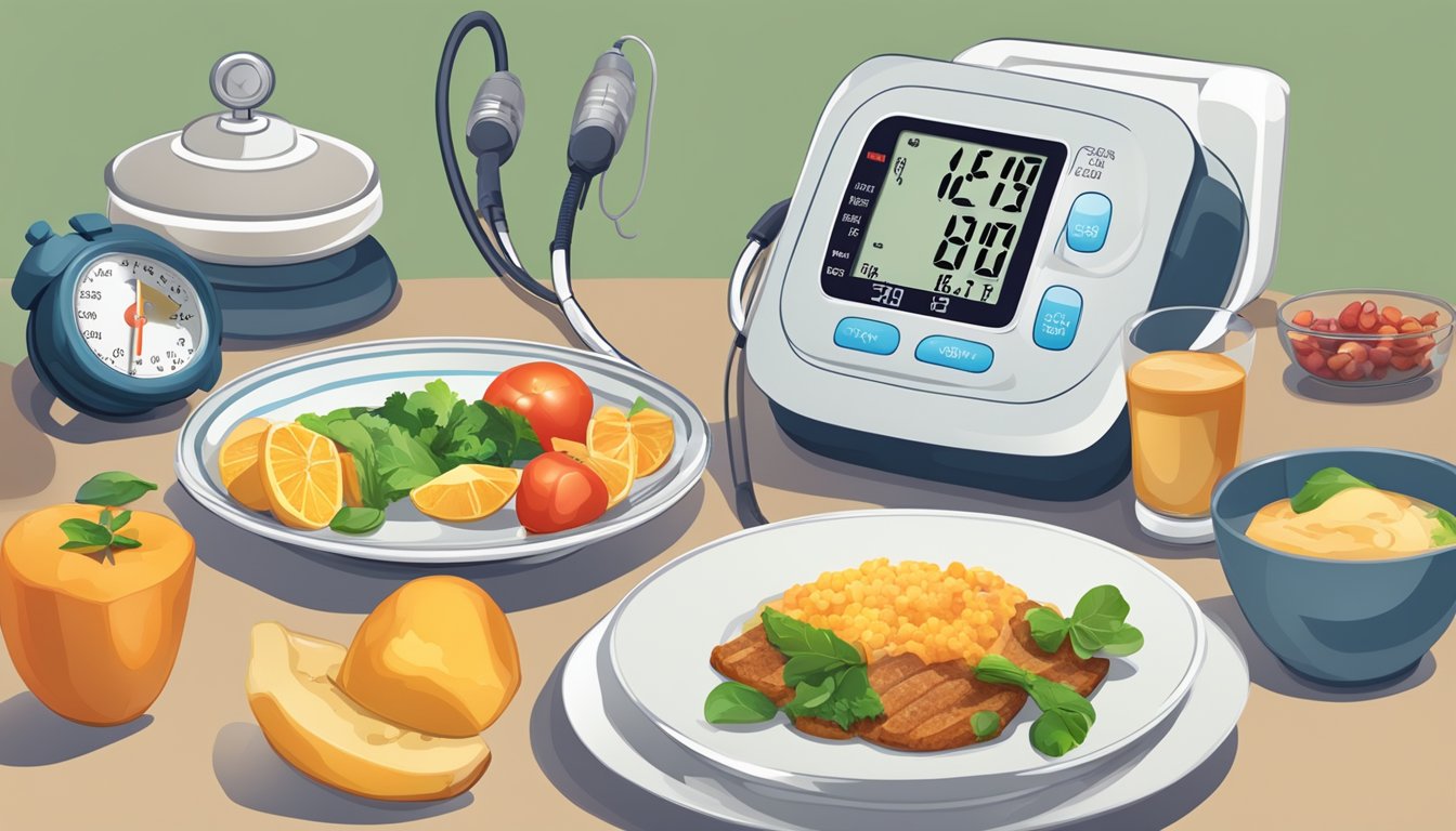 A table with balanced meals and a blood pressure monitor next to it