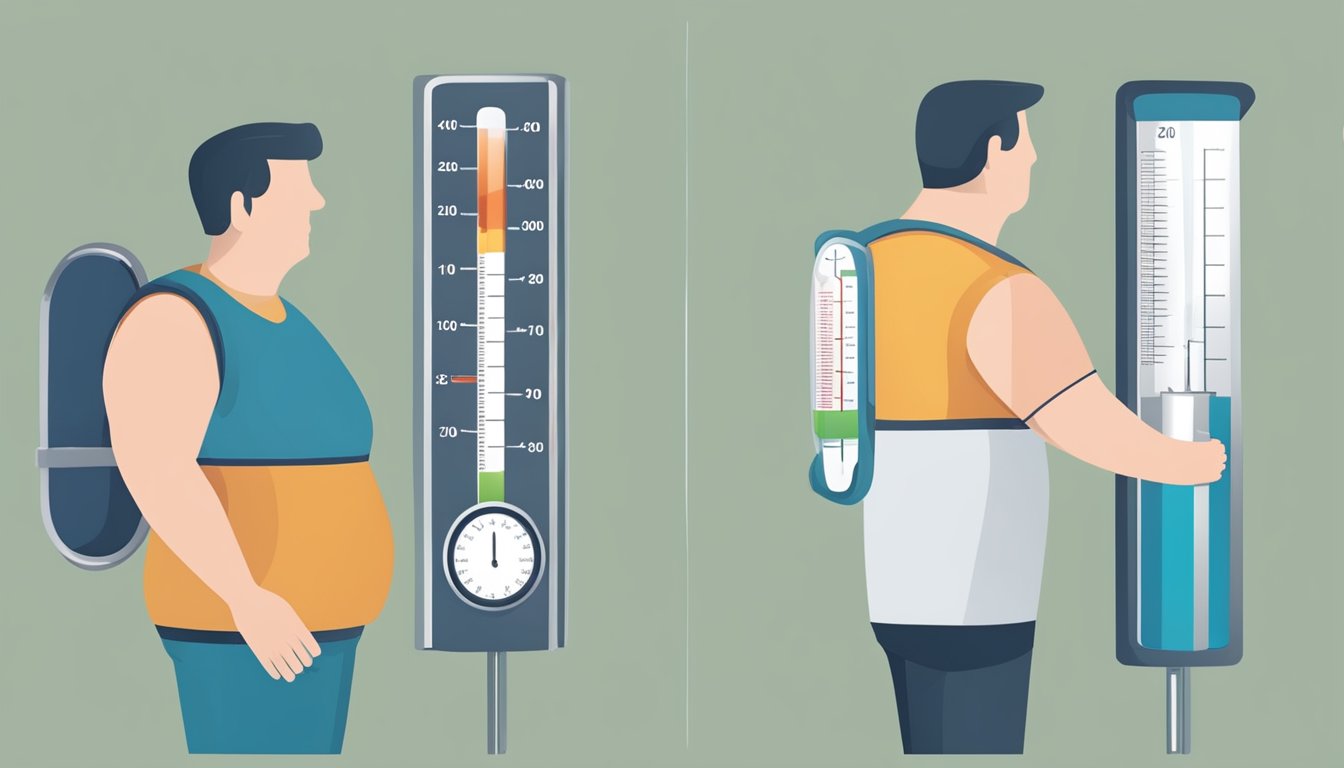 A person measuring blood pressure before and after following the volumetrics diet, with a chart showing a decrease in blood pressure levels