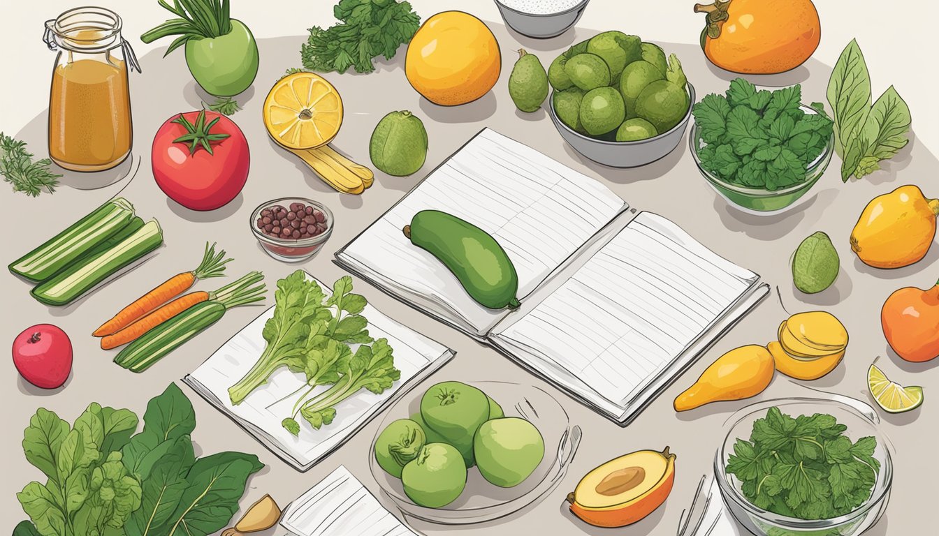 A kitchen counter with various fruits, vegetables, and herbs laid out for preparing detox-friendly meals. A cookbook open to a recipe page with ingredient substitutions highlighted