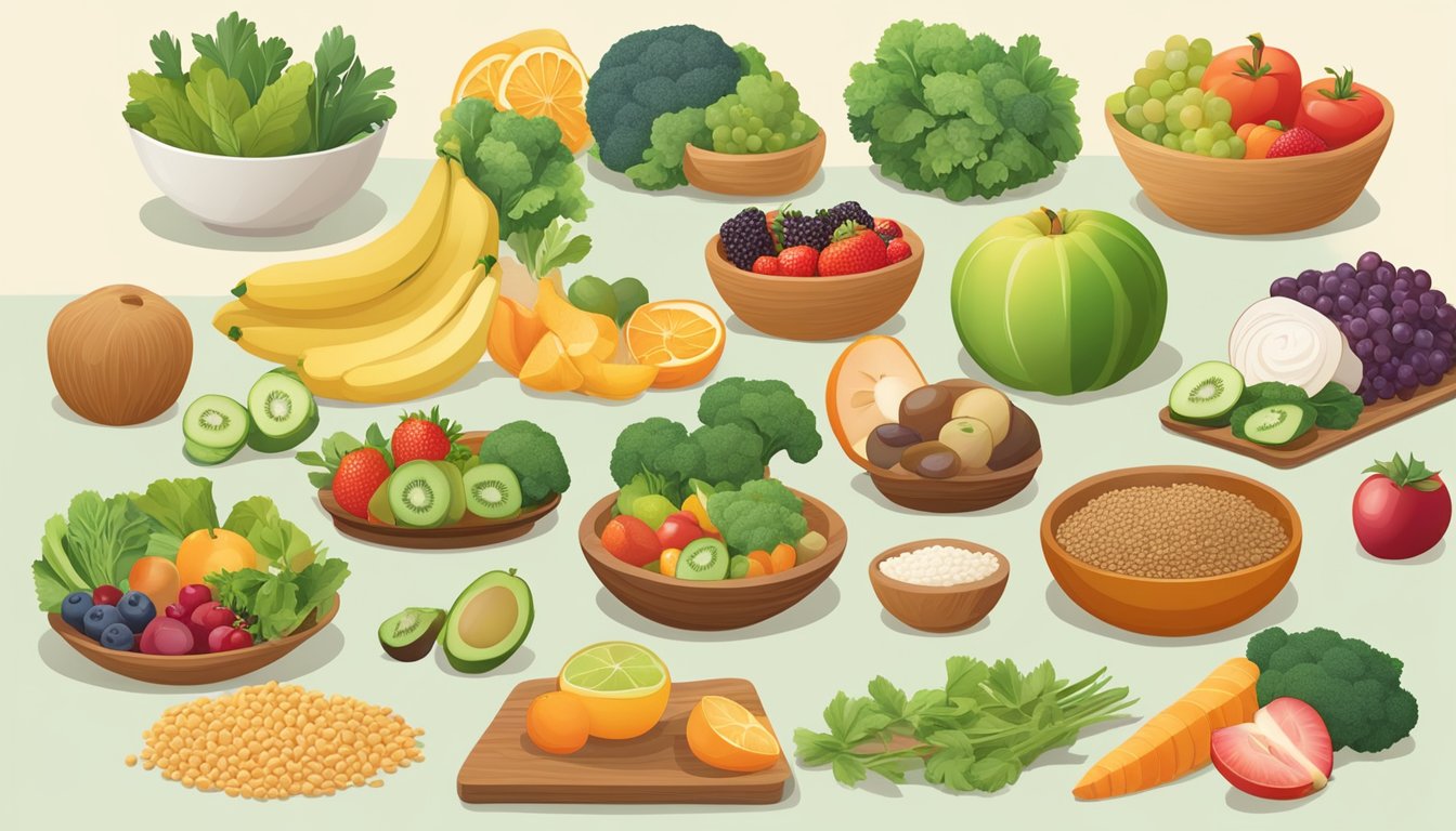 A table with a variety of colorful, nutrient-dense foods arranged in balanced portions, with a focus on fruits, vegetables, lean proteins, and whole grains