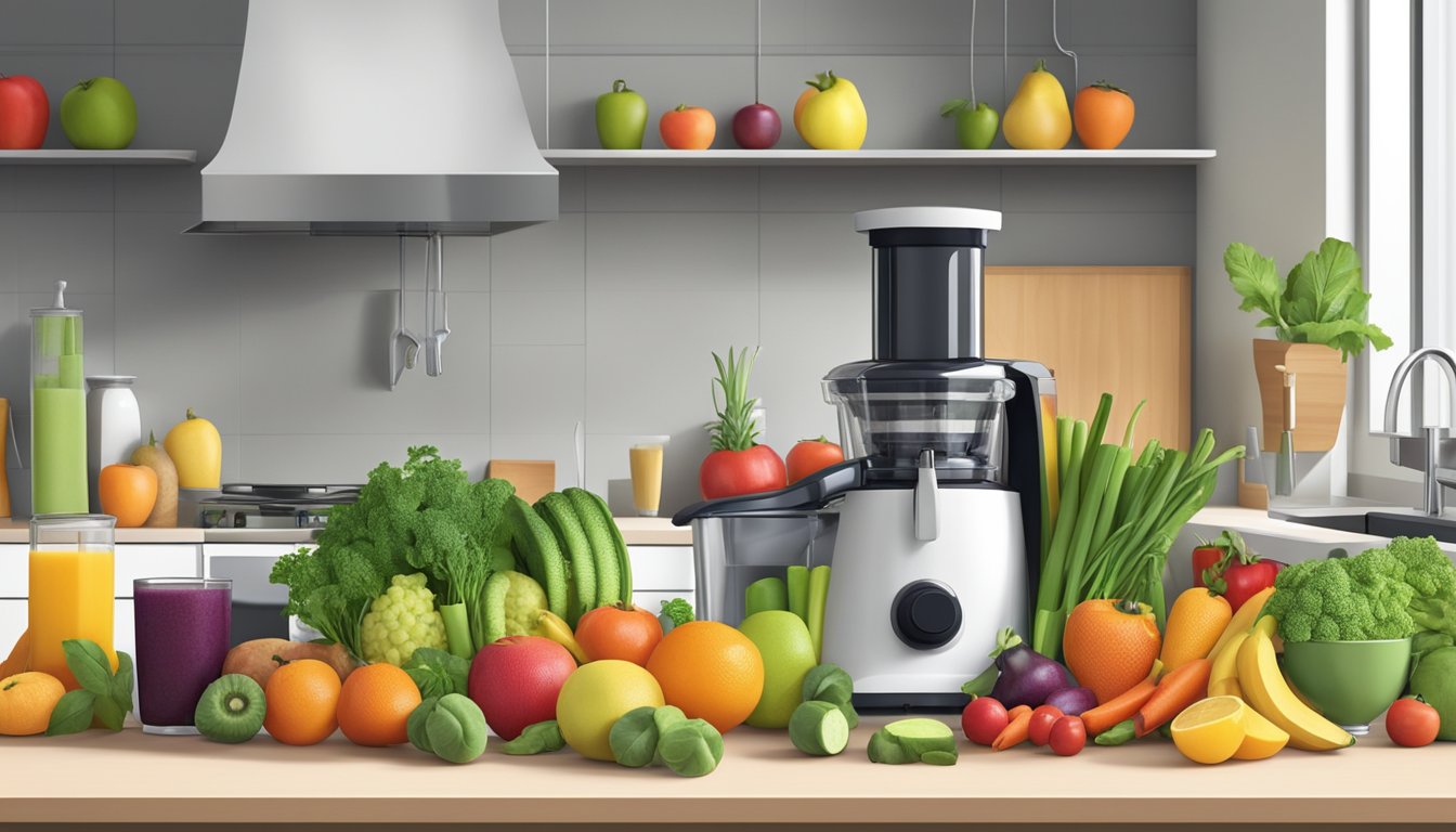 A variety of fresh fruits and vegetables arranged on a clean, organized kitchen counter, with a juicer and blender ready for use