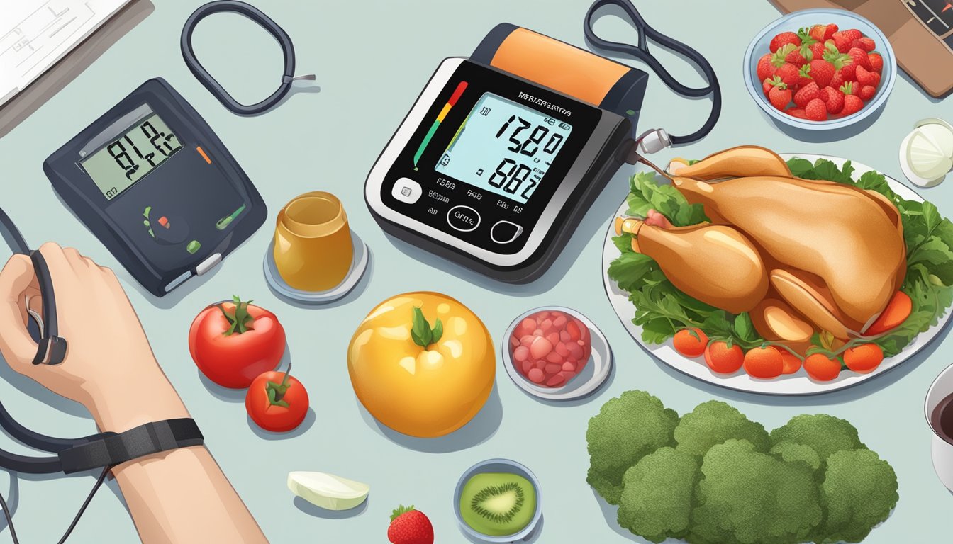 A table with various food items, a blood pressure monitor, and a person measuring and recording blood pressure readings