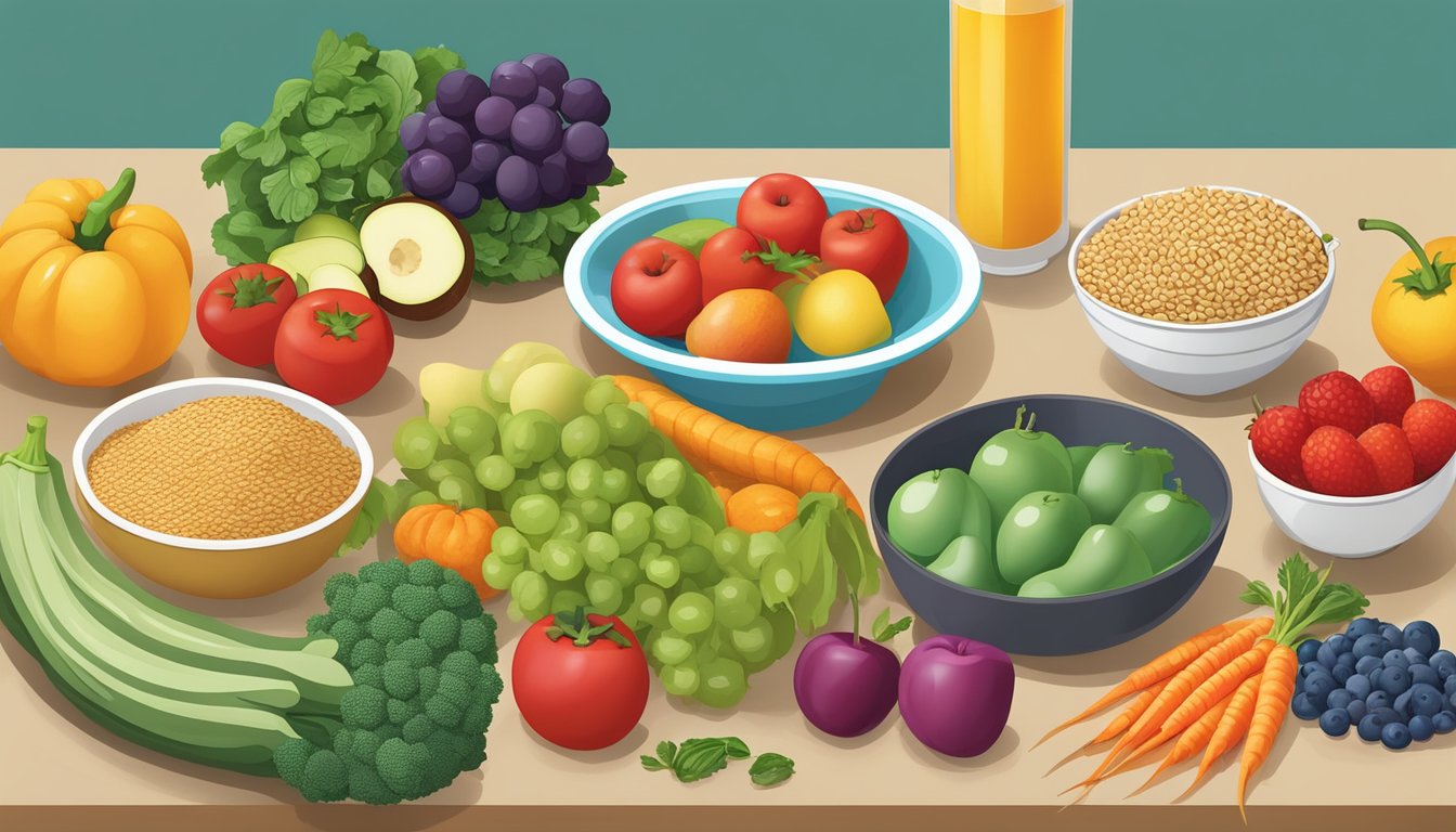 A colorful array of fruits, vegetables, whole grains, and lean proteins arranged on a table, with a measuring cup and scale nearby