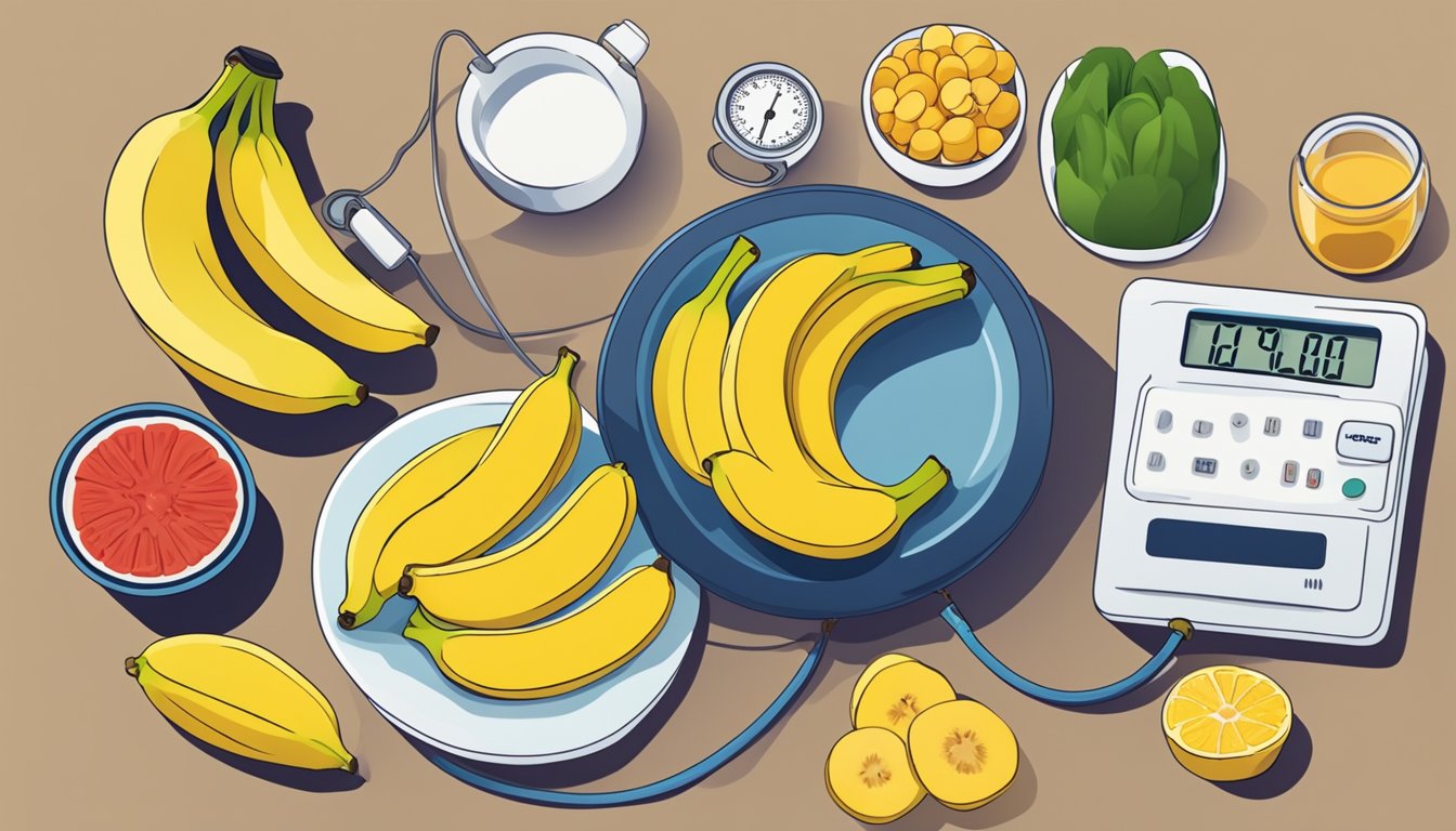 A person sitting at a table with a bowl of bananas, surrounded by healthy food and a blood pressure monitor