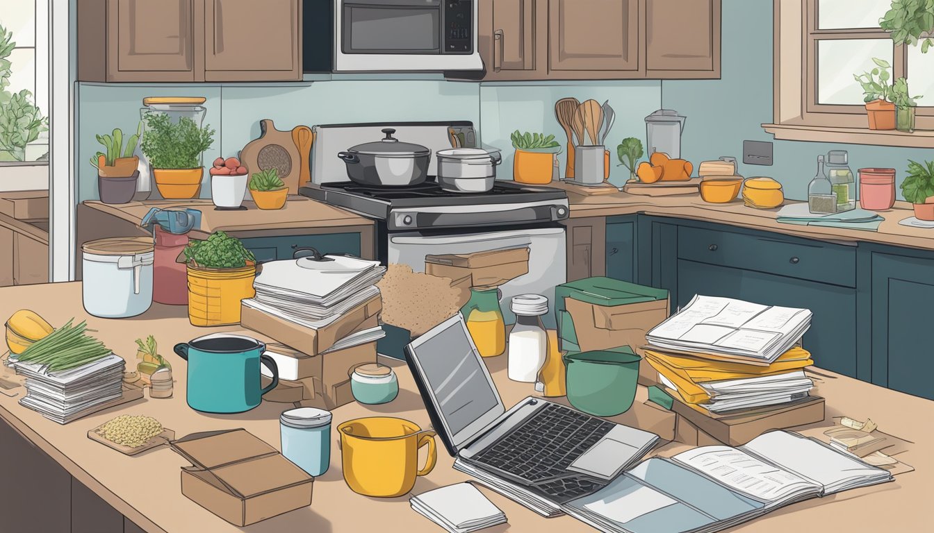 A cluttered kitchen with half-packed boxes, a stack of cookbooks, and a laptop open to a recipe page. Ingredients are scattered on the counter