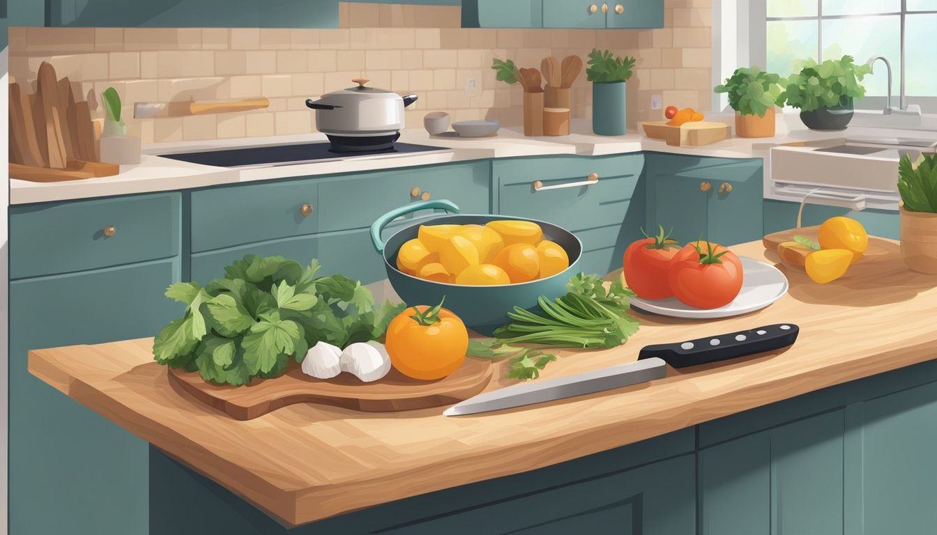 A kitchen counter with fresh ingredients, a cutting board, and a skillet ready for cooking