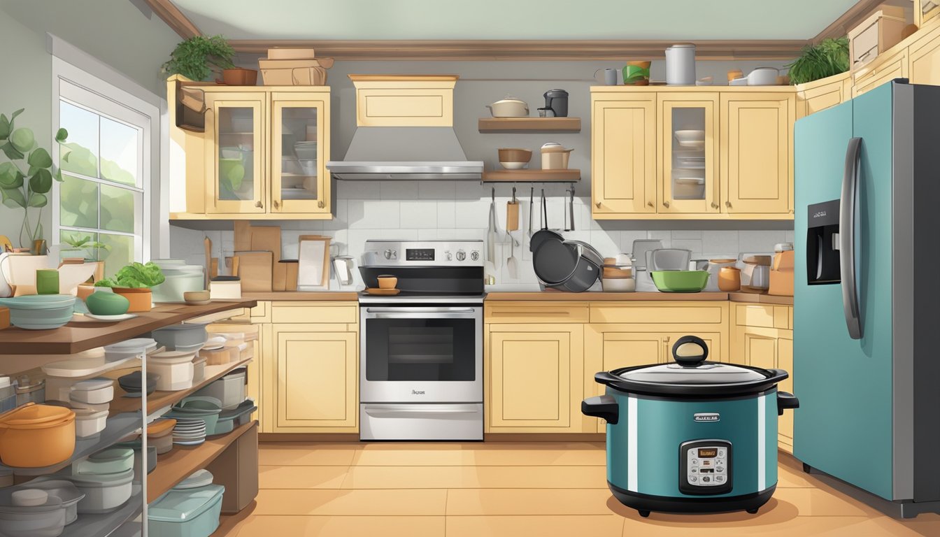 A cluttered kitchen with packed boxes, a microwave, and a slow cooker on the counter. A timer set beside the appliances