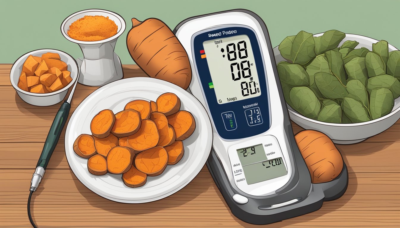 A table with a plate of cooked sweet potatoes, a blood pressure monitor, and a chart showing the nutritional profile of sweet potatoes