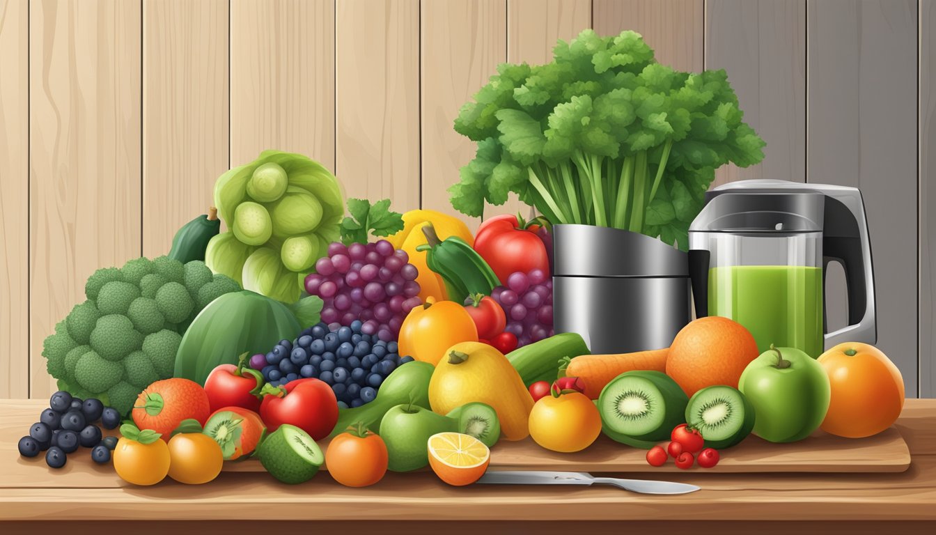 A variety of fresh fruits and vegetables arranged on a wooden cutting board, with a knife and a juicer nearby