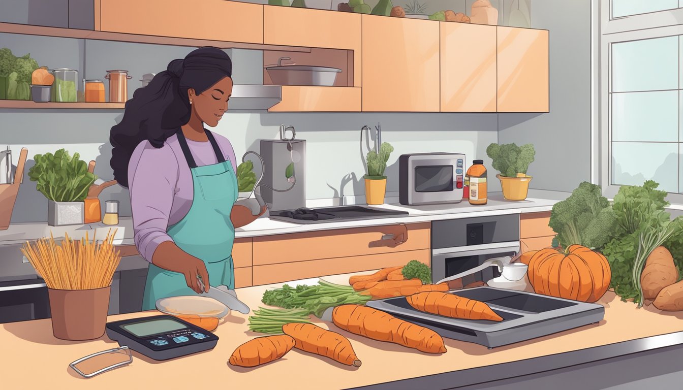 A person cooking sweet potatoes in a modern kitchen, surrounded by fresh ingredients and a blood pressure monitor on the counter