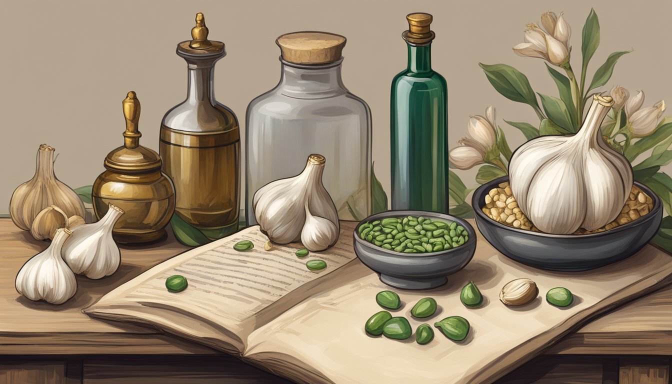 A table with garlic bulbs, an ancient scroll, and a modern bottle of supplements, surrounded by historical artifacts