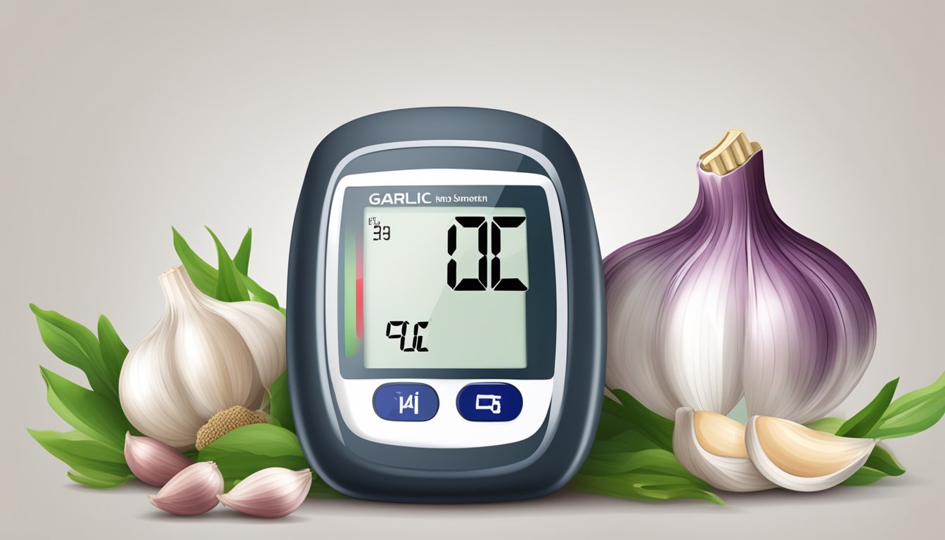 A bottle of garlic supplements surrounded by fresh garlic bulbs and a blood pressure monitor