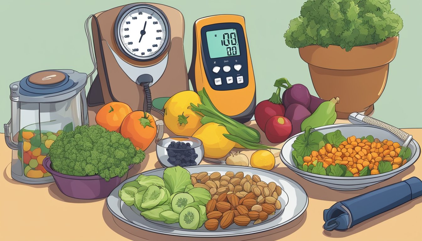 A table with a variety of raw fruits, vegetables, nuts, and seeds. A blood pressure monitor next to a plate of cooked food