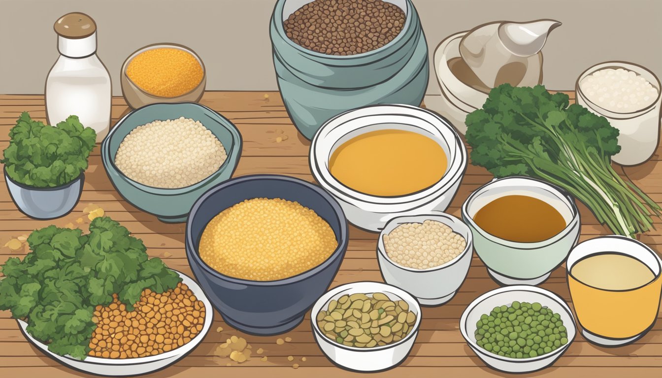 A table with a variety of foods: vegetables, whole grains, and legumes. A salt shaker sits unused next to a bowl of miso soup