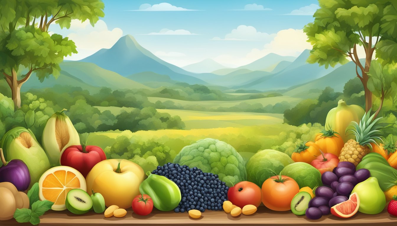 A serene landscape with a variety of colorful fruits, vegetables, whole grains, and legumes arranged in a balanced and harmonious composition