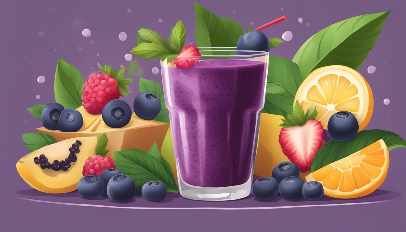 Acai berries being blended into a vibrant smoothie surrounded by fresh fruits and green leaves