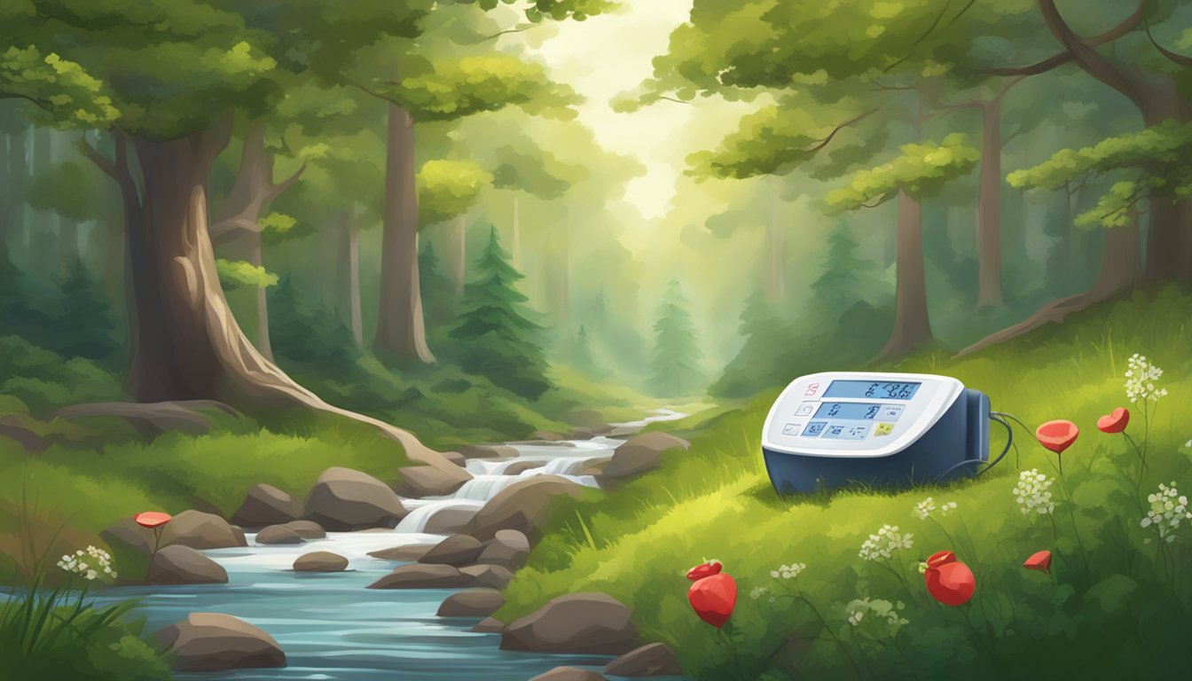 A serene forest clearing with hawthorn bushes, a tranquil stream, and a blood pressure monitor surrounded by healthy heart symbols