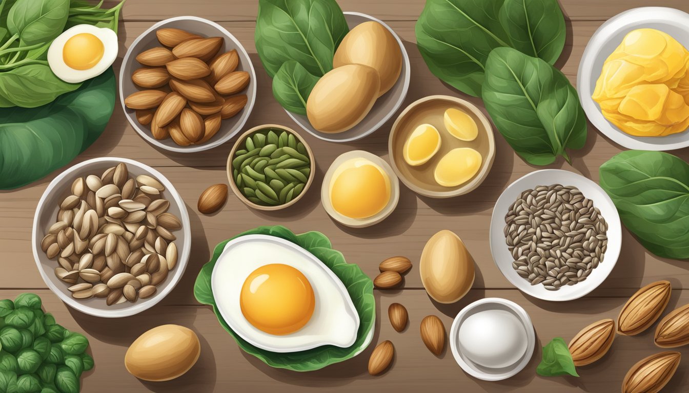 A variety of selenium-rich foods arranged on a table: Brazil nuts, sunflower seeds, fish, eggs, and spinach