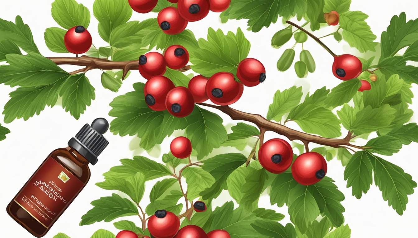 A hawthorn bush with ripe red berries, surrounded by green leaves. A small bottle of hawthorn extract with a label indicating its use for blood pressure